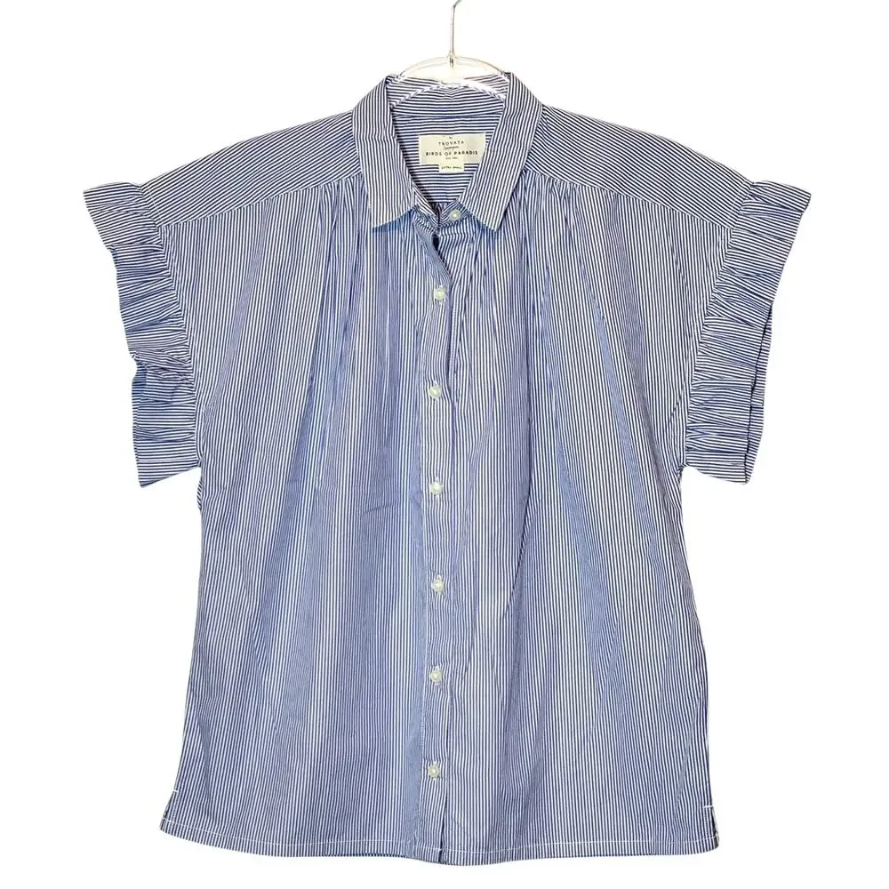 Travota Marianne NWT Birds of Paradise Button Ruffle Shirt Blue White Cotton XS - Picture 14 of 14